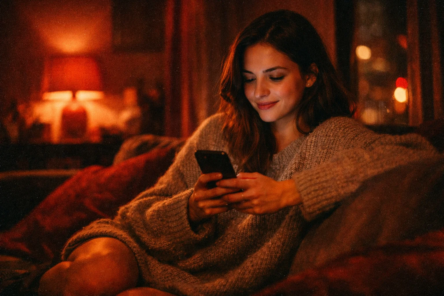 Person relaxed on a couch starting a private wanking AI chat on their phone